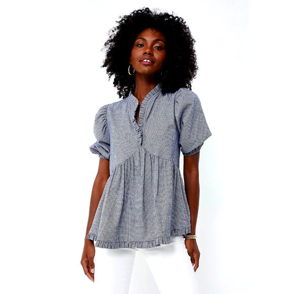 Harshman Houndstooth Aiya Blouse Navy Puffed Sleeve size S - Picture 1 of 6